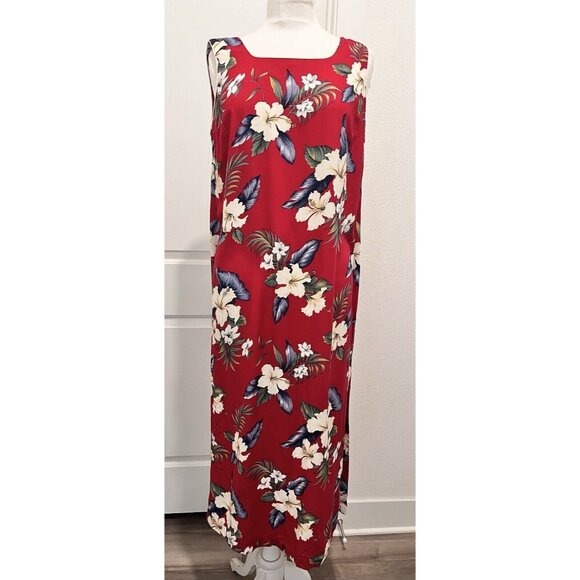 Gary's Island Dick’s Last Resort Red Hawaiian Maxi Dress Size Large Floral Slit - Picture 9 of 9